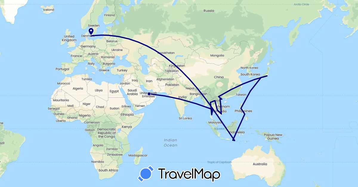 TravelMap itinerary: driving in United Arab Emirates, Denmark, Indonesia, Japan, Cambodia, Laos, Philippines, Thailand, Vietnam (Asia, Europe)